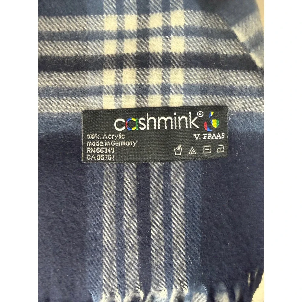 V. Fraas Cashmink Scarf Navy Blue Plaid Acrylic Made in Germany Fringe Soft Warm